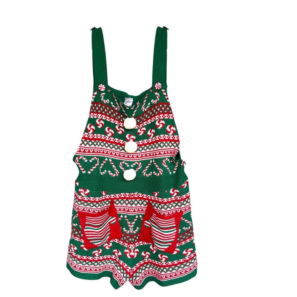 No Boundaries Overalls Juniors XXL 19 Green Peppermint Christmas Knit Shortalls